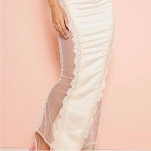 NWT Prettylittlething champagne satin lace panel maxi skirt size 10